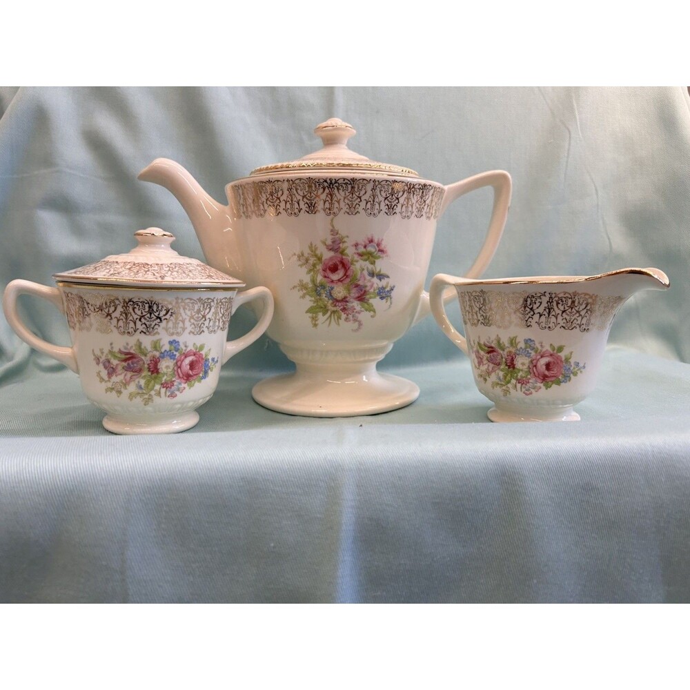 Homer Laughlin Liberty Floral Teapot Cream and Sugar with Lid w/22k Gold Trim
